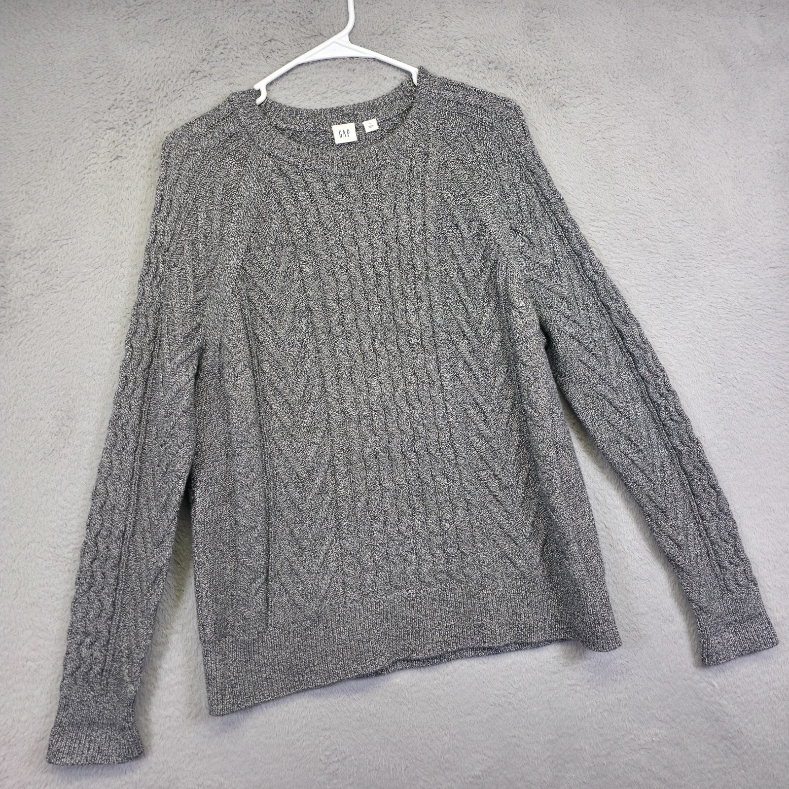 Gap Sweater Womens L Gray Raglan Crew Neck Cable Knit Ribbed Fisherman Timeless